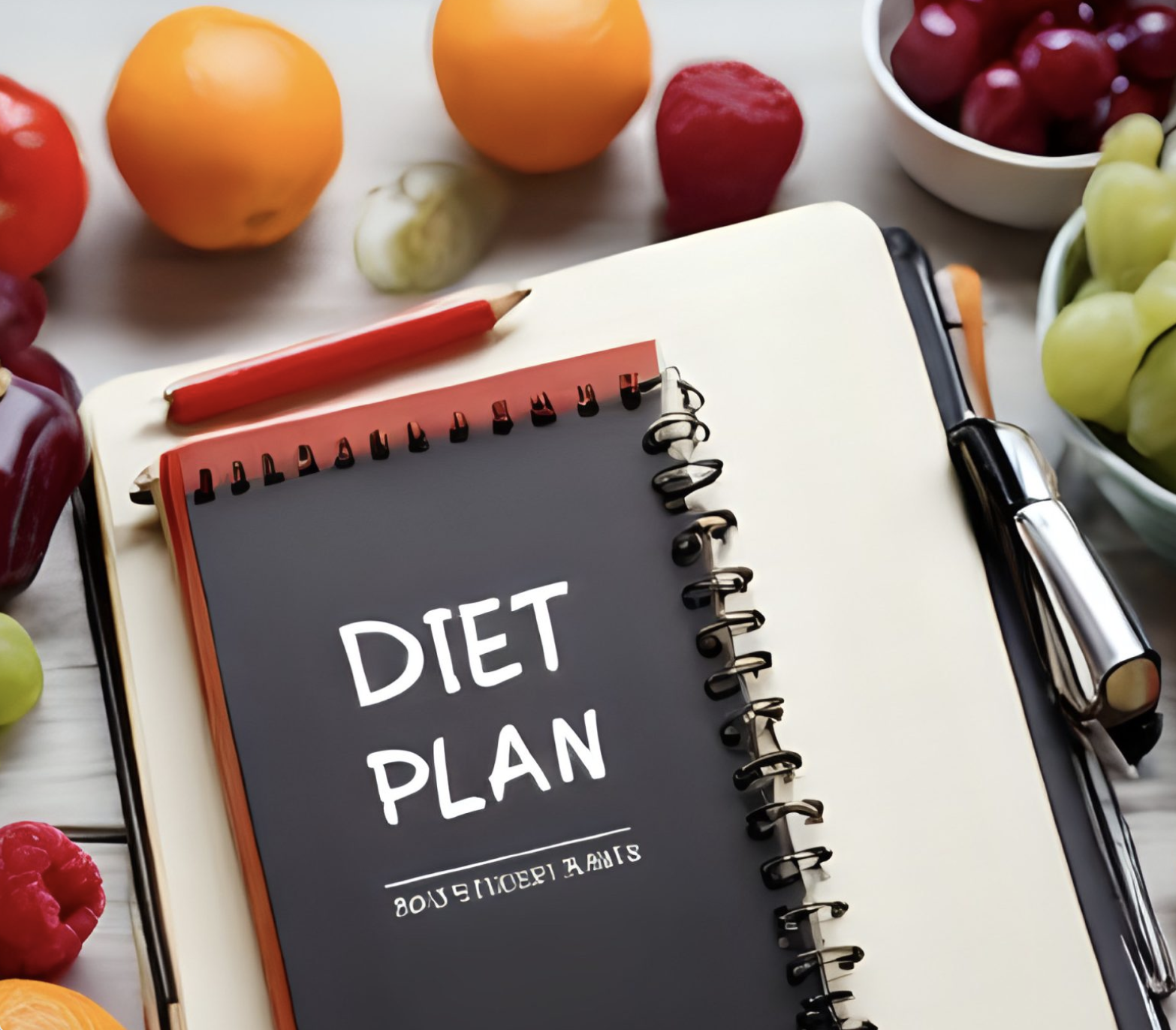 Diet plan notebook with fresh fruit