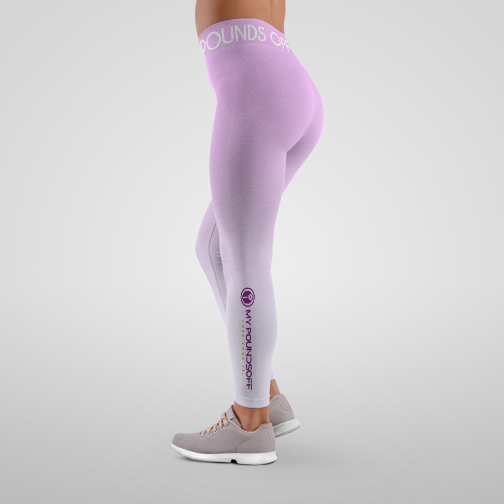 Model wearing purple leggings