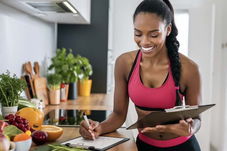 Woman writing health notes in a kitchen